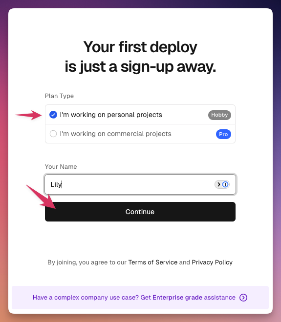 Choose the personal projects option Choose the personal projects option