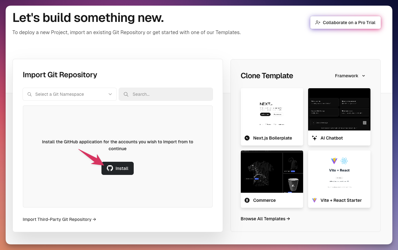 Install Vercel on your GitHub account Install Vercel on your GitHub account